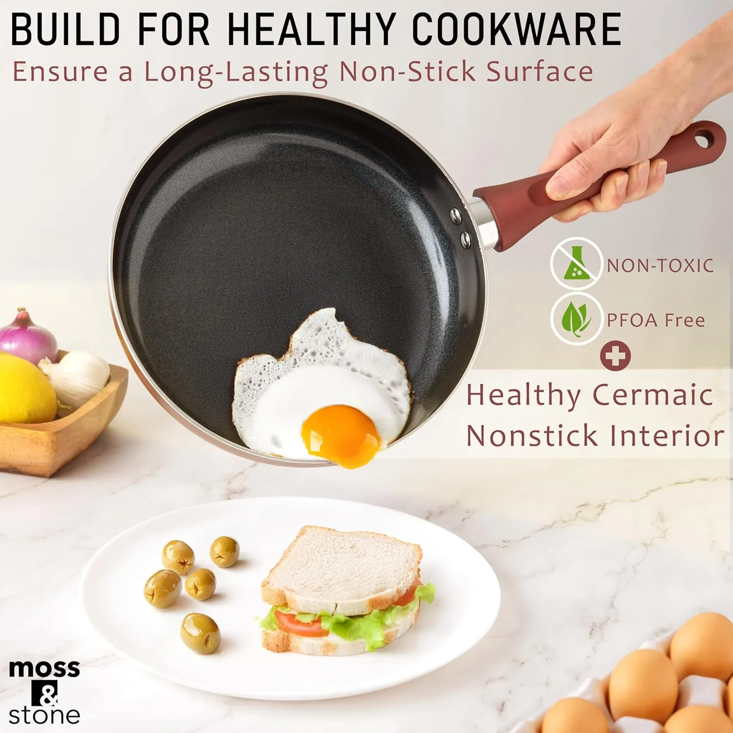 Moss & Stone 6 Piece Pots and Pans Set Non Stick – Nonstick Cookware Set with Glass Lids, Stay-Cool Handles, PTFE/PFOA Free, Aluminum Induction Cookware – Burgundy