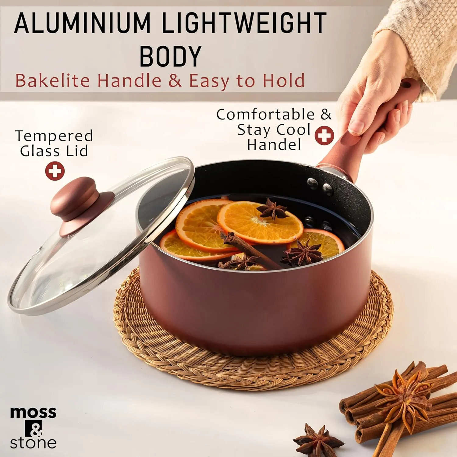Moss & Stone 6 Piece Pots and Pans Set Non Stick – Nonstick Cookware Set with Glass Lids, Stay-Cool Handles, PTFE/PFOA Free, Aluminum Induction Cookware – Burgundy