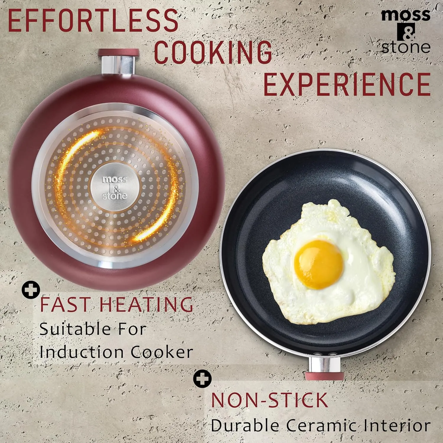 Moss & Stone 6 Piece Pots and Pans Set Non Stick – Nonstick Cookware Set with Glass Lids, Stay-Cool Handles, PTFE/PFOA Free, Aluminum Induction Cookware – Burgundy