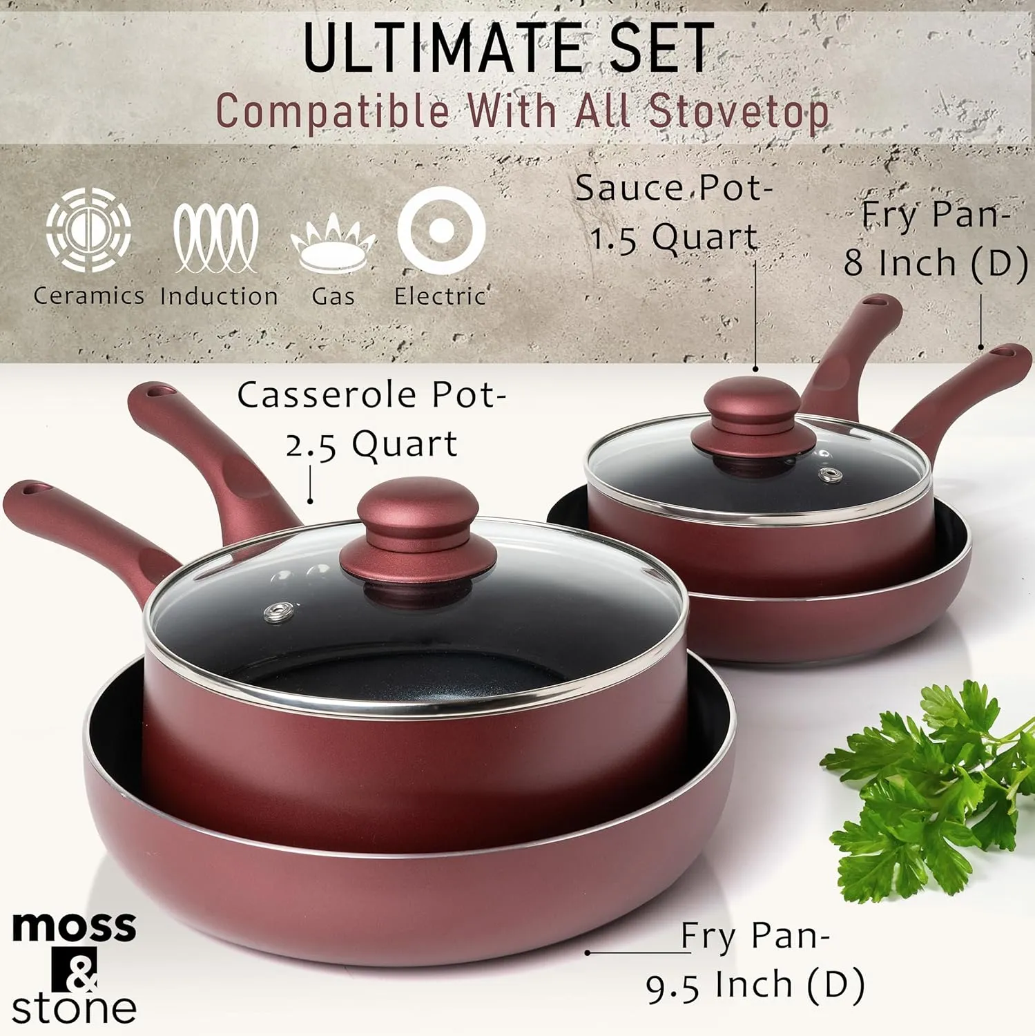 Moss & Stone 6 Piece Pots and Pans Set Non Stick – Nonstick Cookware Set with Glass Lids, Stay-Cool Handles, PTFE/PFOA Free, Aluminum Induction Cookware – Burgundy