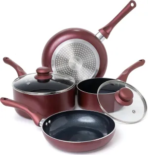 Moss & Stone 6 Piece Pots and Pans Set Non Stick – Nonstick Cookware Set with Glass Lids, Stay-Cool Handles, PTFE/PFOA Free, Aluminum Induction Cookware – Burgundy