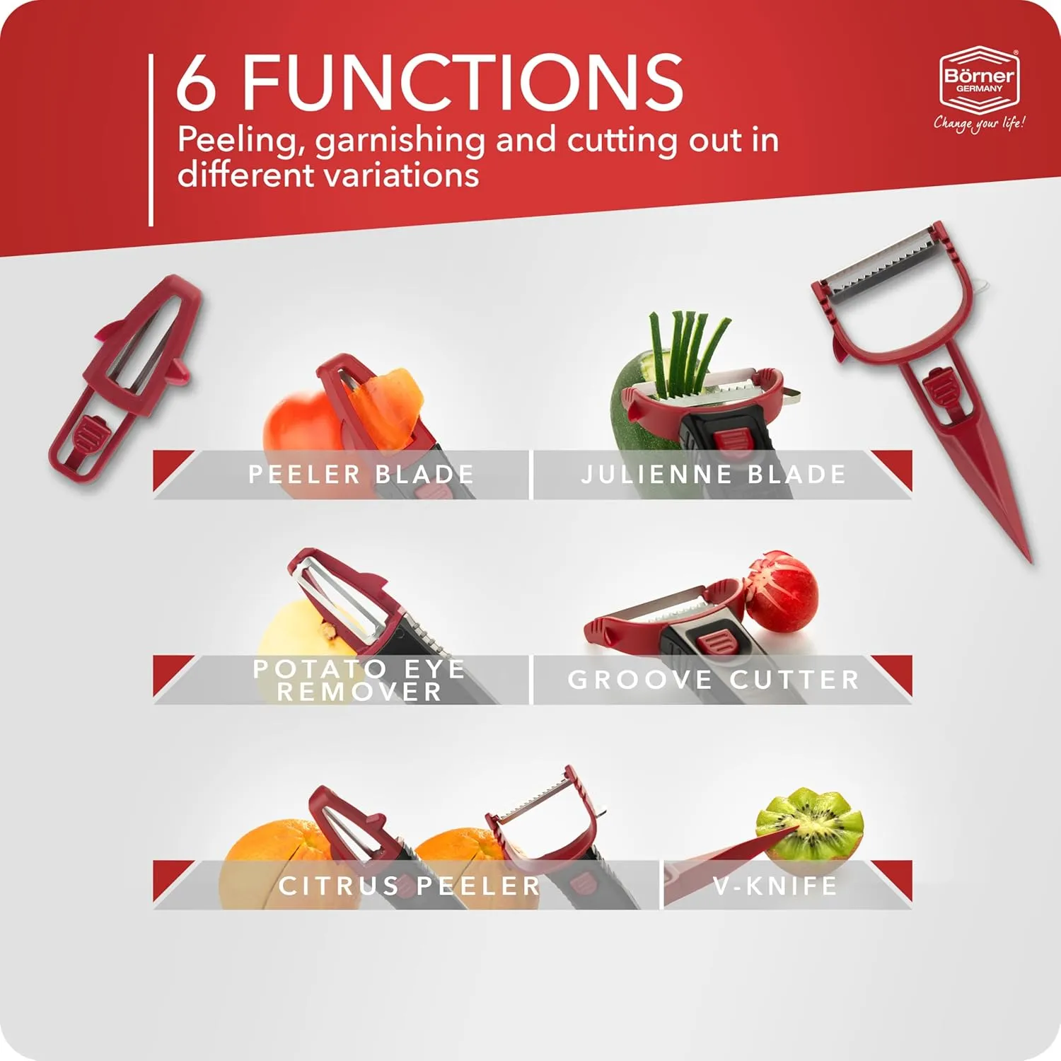 Multi Peeler (3-in-1) • Julienne Cutter, Potato Peeler, Y-Peeler in One • Multifunctional Vegetable Peeler • Fruit Peeler for Peeling, Slicing, Garnishing • Color: Red