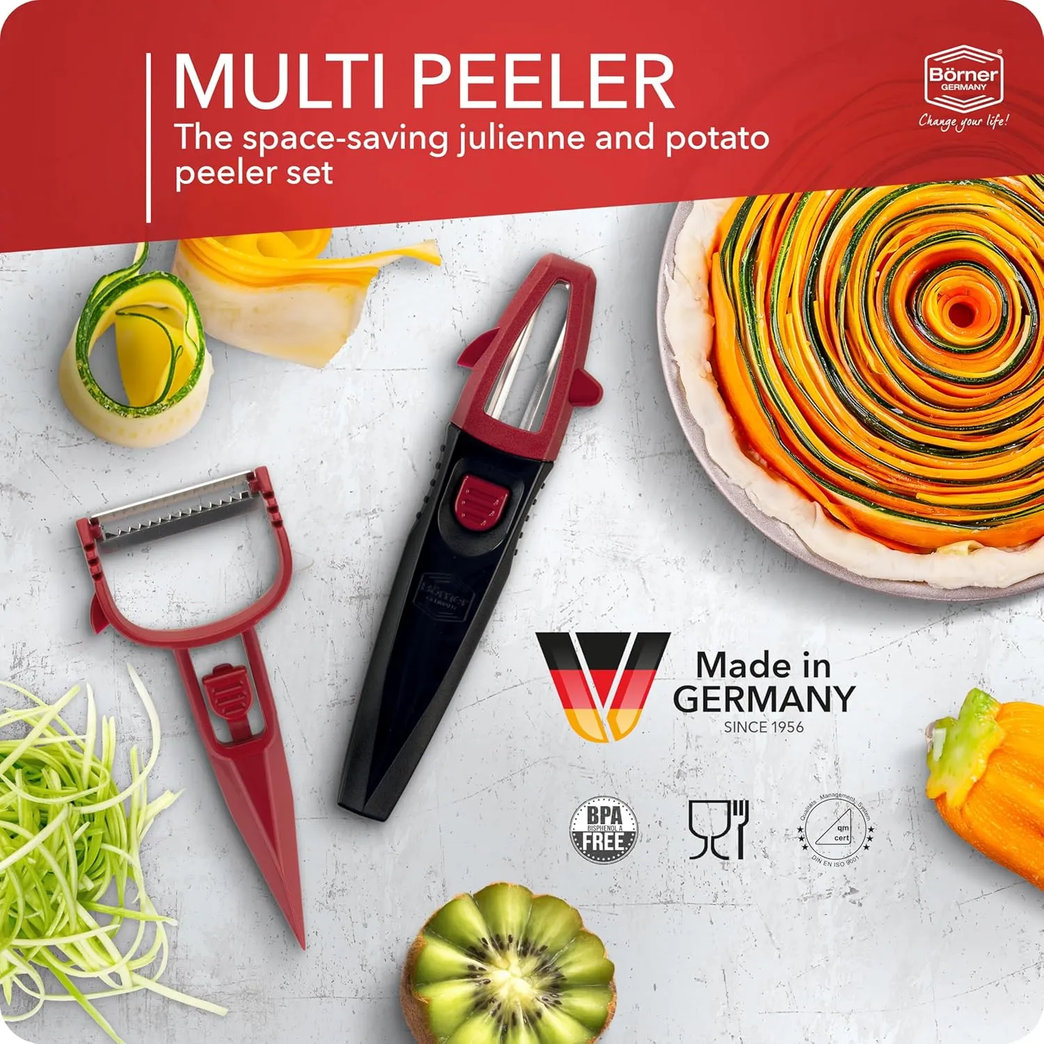 Multi Peeler (3-in-1) • Julienne Cutter, Potato Peeler, Y-Peeler in One • Multifunctional Vegetable Peeler • Fruit Peeler for Peeling, Slicing, Garnishing • Color: Red