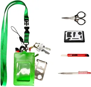 Multifunctional 5-in-1 EDC Tool Kit with Card Holder, Folding Scissors, Tool Card, Safety Cutter & Ballpoint Pen for Office, Outdoor, Travel Essentials（YSK05GN）