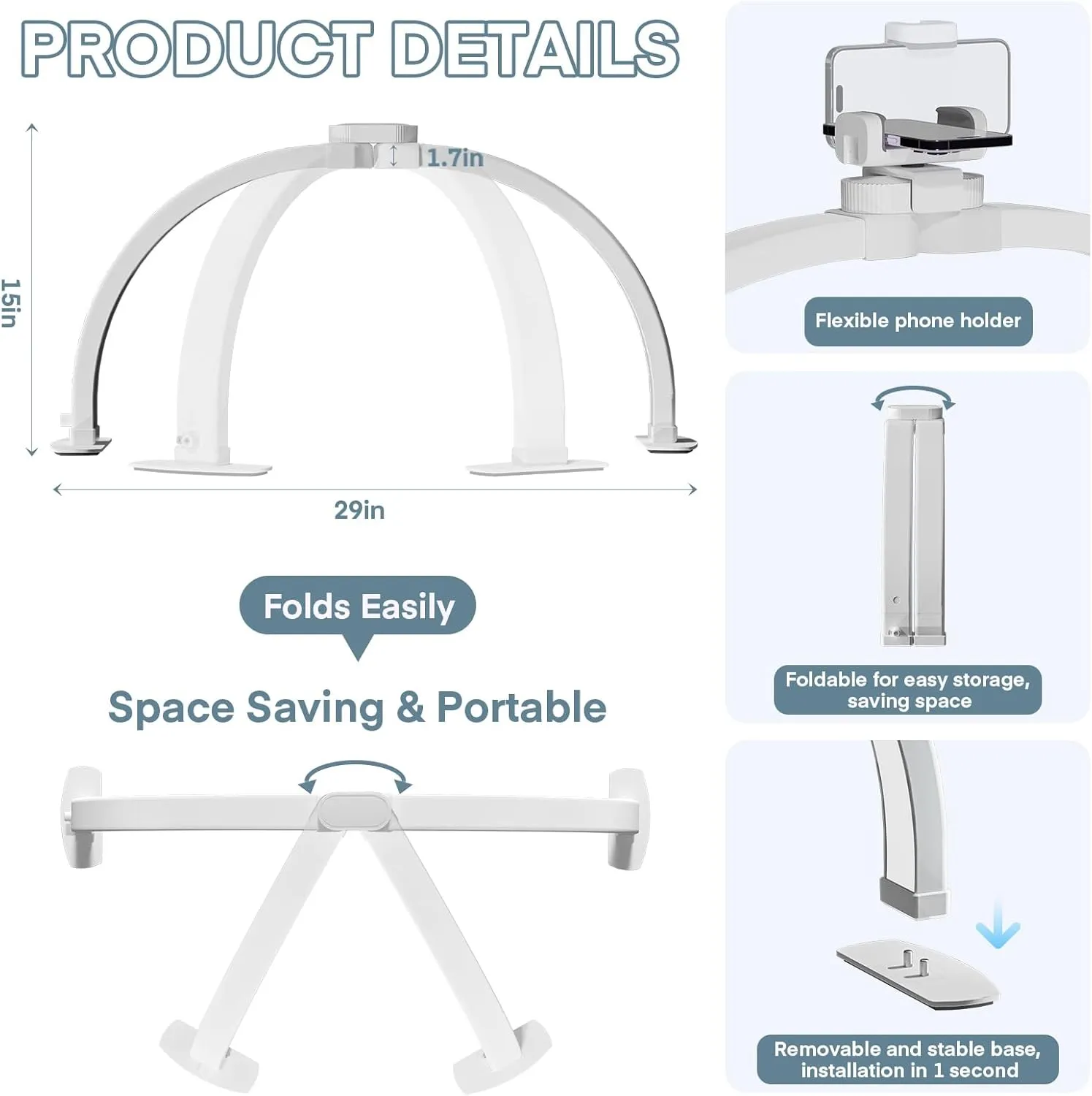 MYSWEETY Foldable Half Moon Light for Nail Desk, 29 Inch Led Nail Tech Desk Lamp, Half Moon Table Lamp with Phone Holder, 3000-6500K Esthetician Lash Light for Eyelash Extensions, Tattoo, Eyebrow