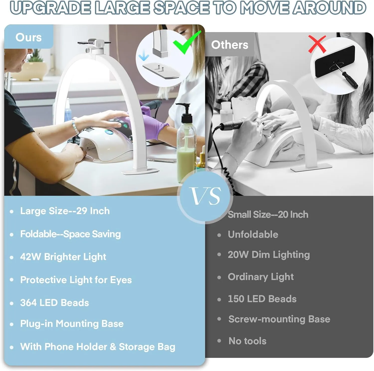 MYSWEETY Foldable Half Moon Light for Nail Desk, 29 Inch Led Nail Tech Desk Lamp, Half Moon Table Lamp with Phone Holder, 3000-6500K Esthetician Lash Light for Eyelash Extensions, Tattoo, Eyebrow