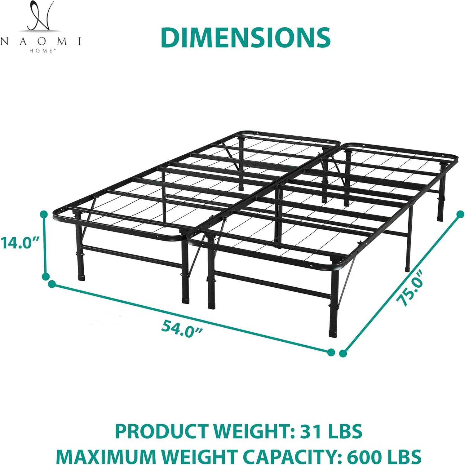 Naomi Home Tool Free Assembly 14 Full Bed Frame Heavy Duty Foldable Bed Frame Folding with Steel Metal Slats Box Spring Replacement 600lbs Capacity - Platform Full Size Black