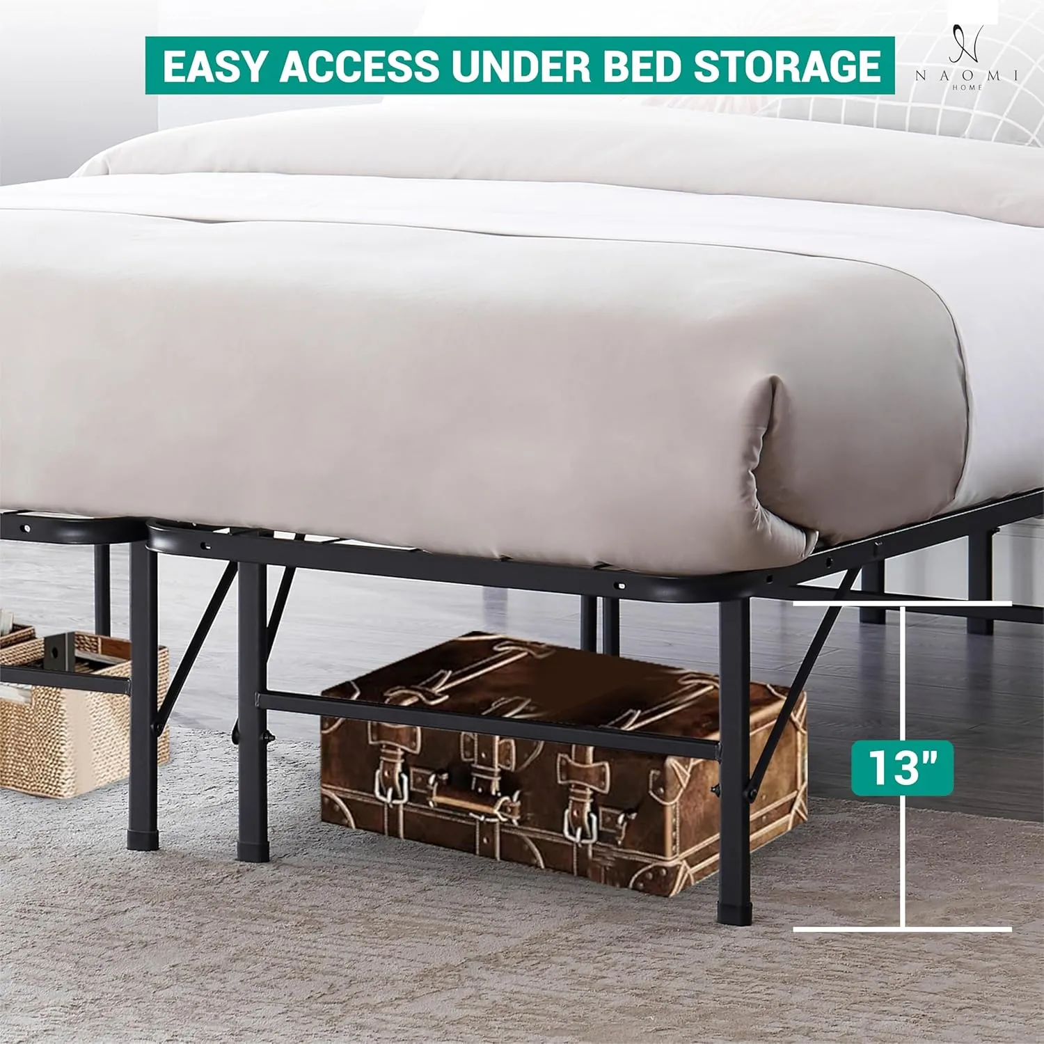 Naomi Home Tool Free Assembly 14 Full Bed Frame Heavy Duty Foldable Bed Frame Folding with Steel Metal Slats Box Spring Replacement 600lbs Capacity - Platform Full Size Black
