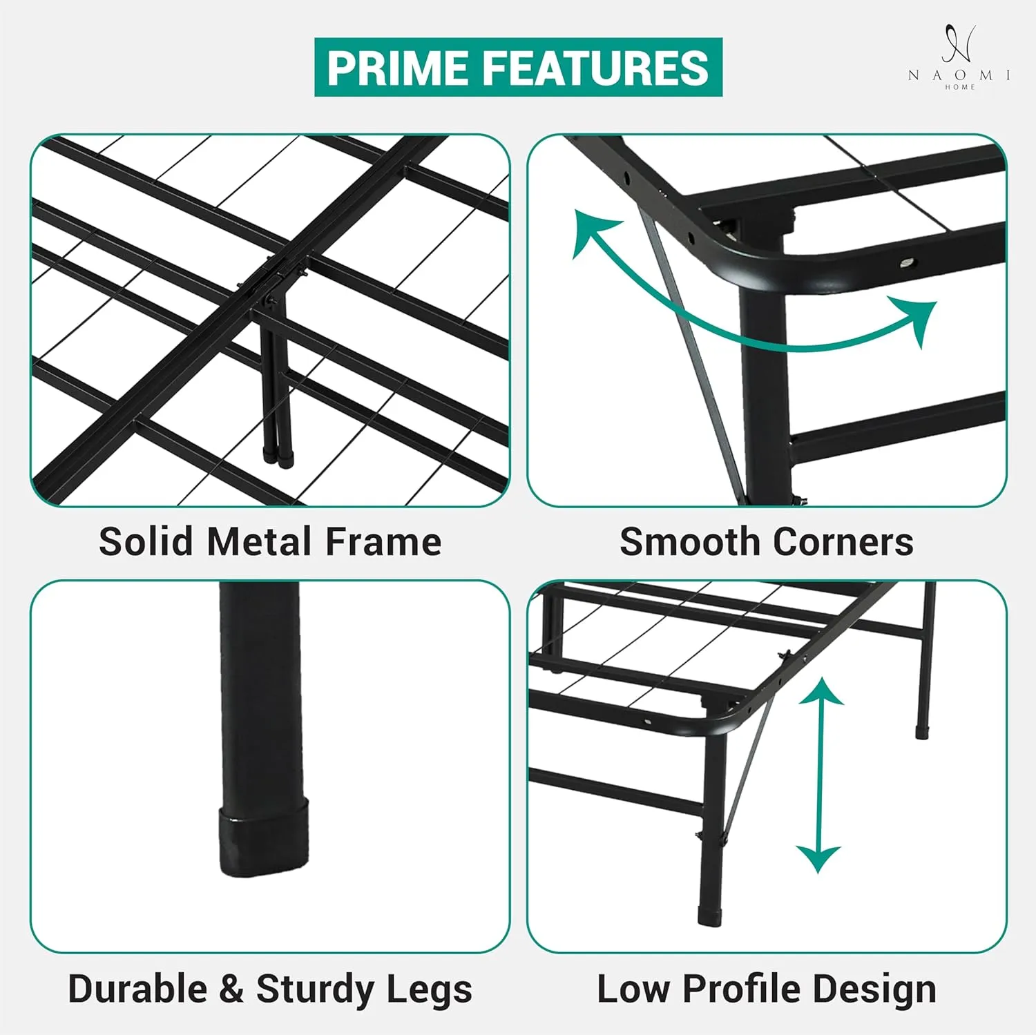Naomi Home Tool Free Assembly 14 Full Bed Frame Heavy Duty Foldable Bed Frame Folding with Steel Metal Slats Box Spring Replacement 600lbs Capacity - Platform Full Size Black