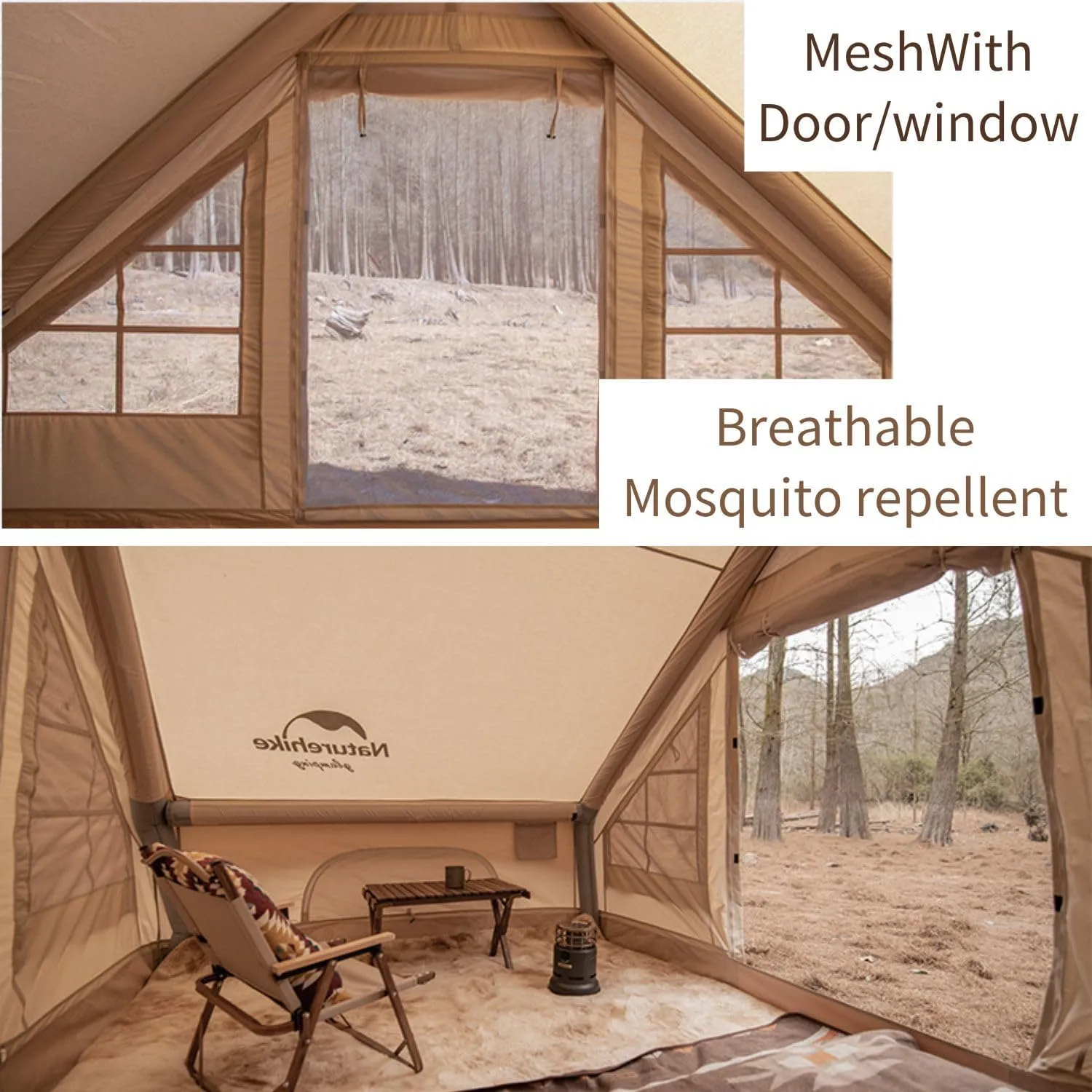 Naturehike Large Inflatable Camping Tent Camping Tent with Pump Easy Setup Waterproof Windproof Mesh Windows and Door Glamping Tent 6.3/12/13.2/17.2㎡