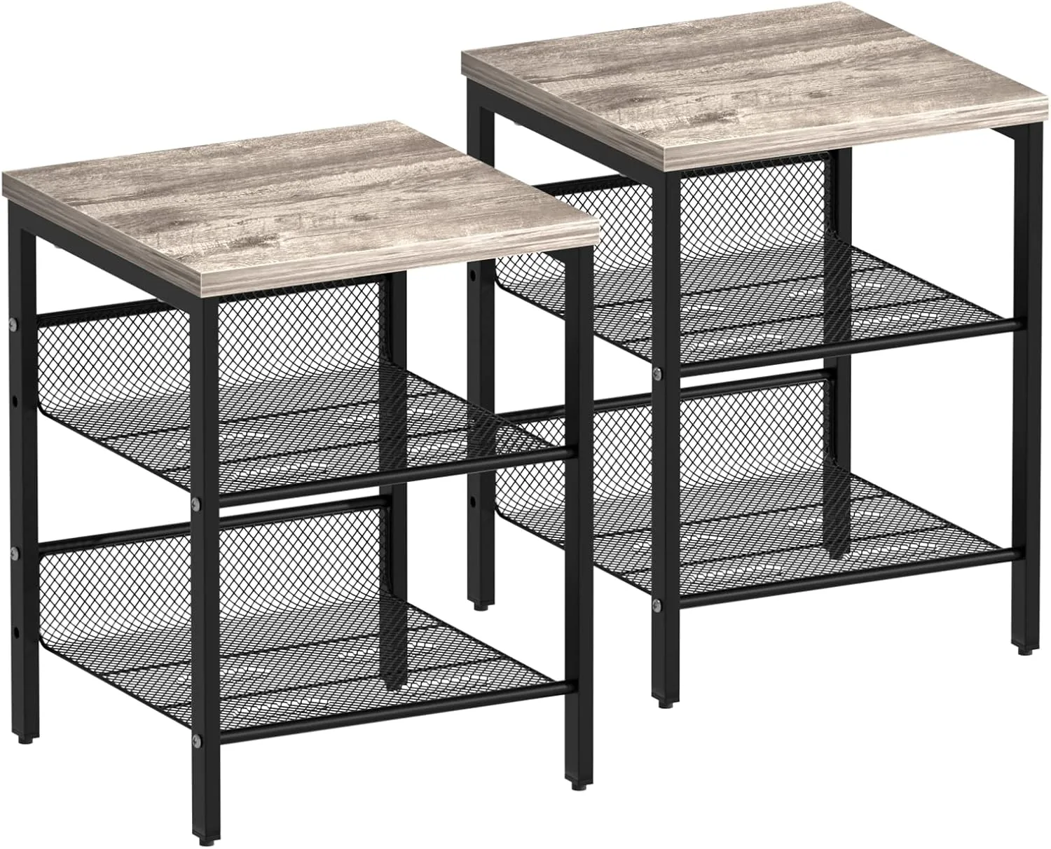 Nightstand Set of 2 End Tables Small Side Table with 2 Adjustable Mesh Shelves 3-Tier Storage Table with Durable Frame for Bedroom Living Room Kichen Grey Oak