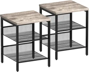 Nightstand Set of 2 End Tables Small Side Table with 2 Adjustable Mesh Shelves 3-Tier Storage Table with Durable Frame for Bedroom Living Room Kichen Grey Oak