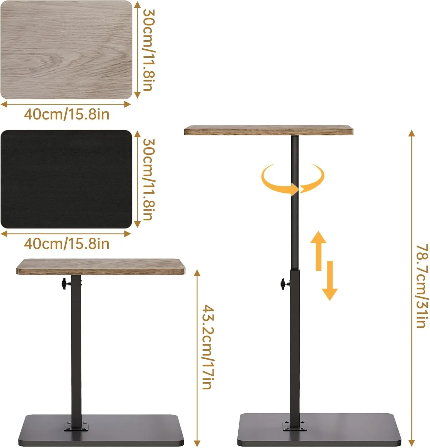 NiHome Minimalist Height Adjustable End Table, 360° Rotatable Sofa Armrest Side Tray Table, Adjustable Legs Space-Saving Couch Bedside TV Tray C-Shaped End Table Snack Table for Eating (Gray)