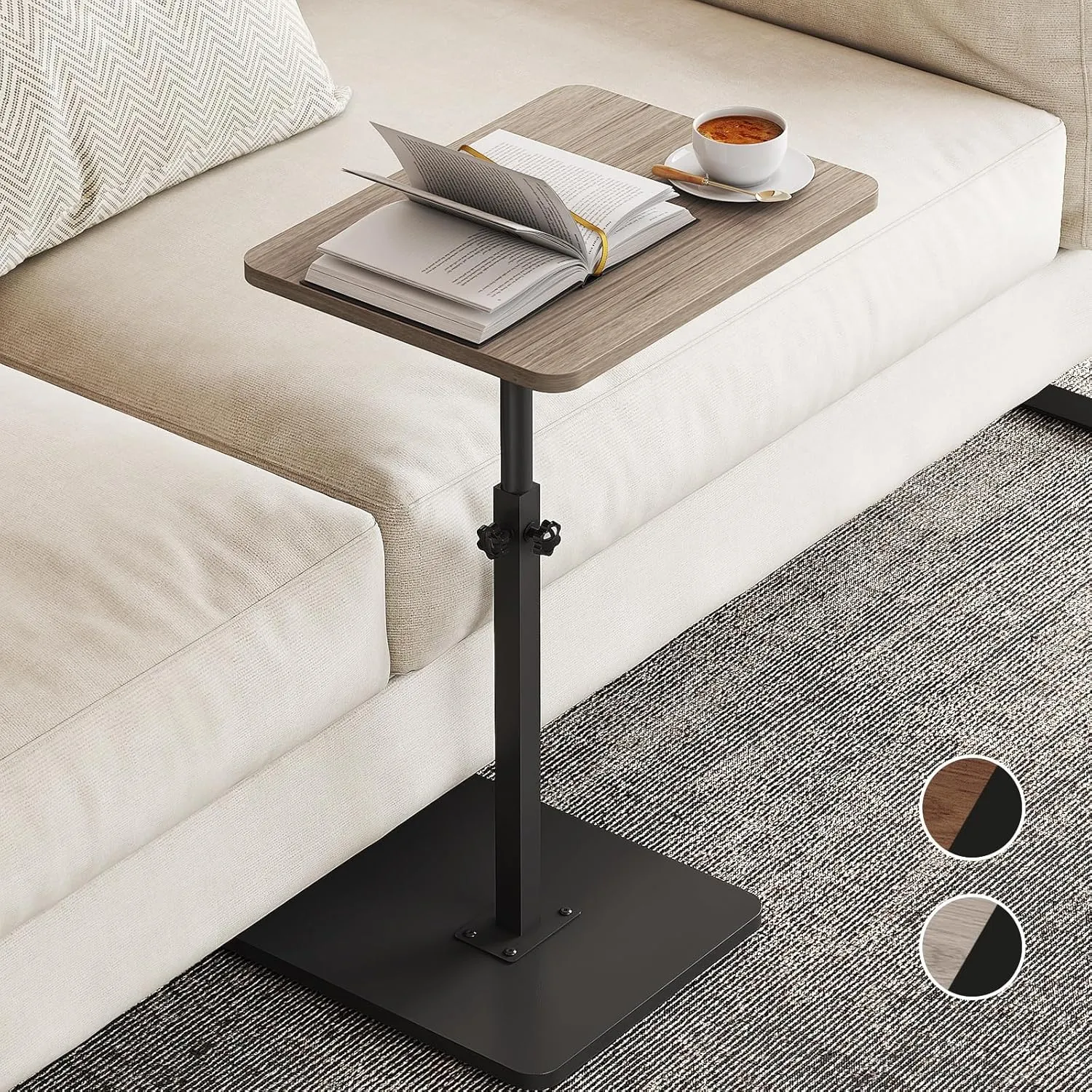 NiHome Minimalist Height Adjustable End Table, 360° Rotatable Sofa Armrest Side Tray Table, Adjustable Legs Space-Saving Couch Bedside TV Tray C-Shaped End Table Snack Table for Eating (Gray)