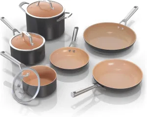 Ninja Pots and Pans Set Non Stick | Extended Life Premium Ceramic Cookware Set | 9-Piece Nonstick | PTFE Free | Oven Safe to 550°F | Induction Compatible | Frying Pan x3 | Cooking Pot x3 | CW99009