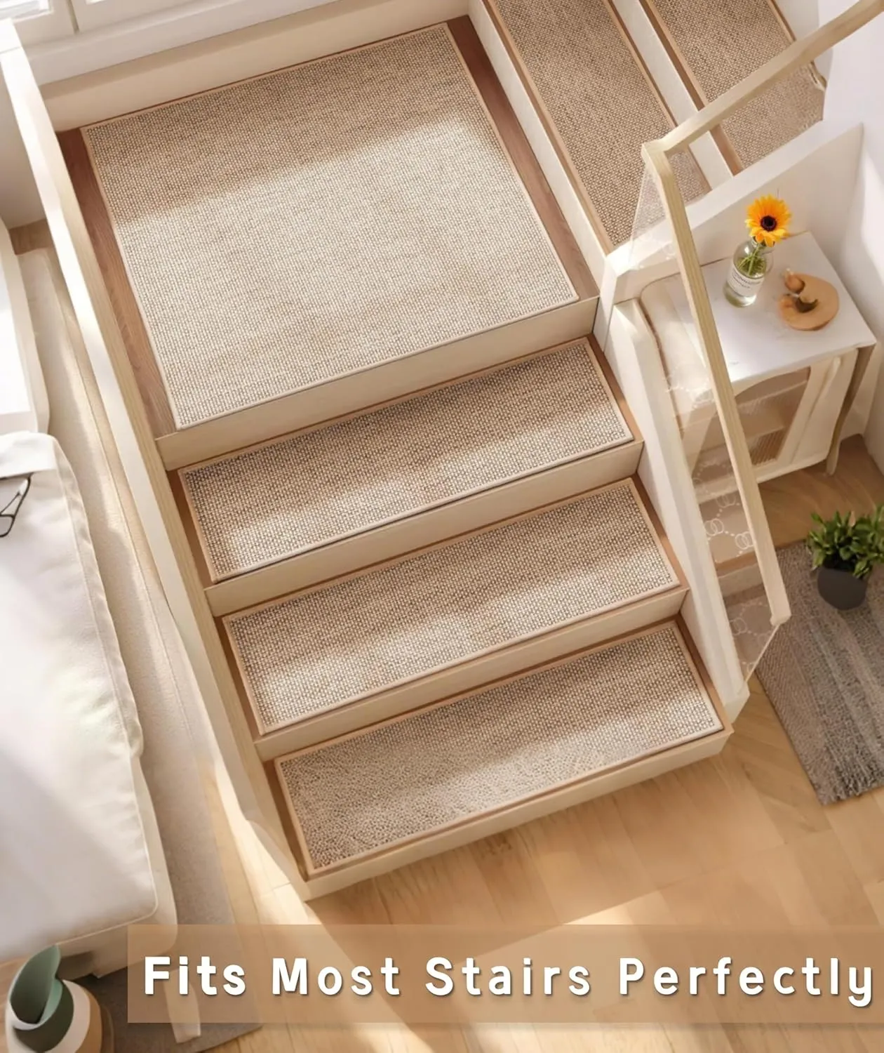 Non Slip Liner Stair Treads Matching Mat for Wooden Steps, 30"x30" Square Stair Landing Rug with Rubber Backing, Washable Indoor Safety Stair Landing Mat for Kids Elders Dogs, Beige
