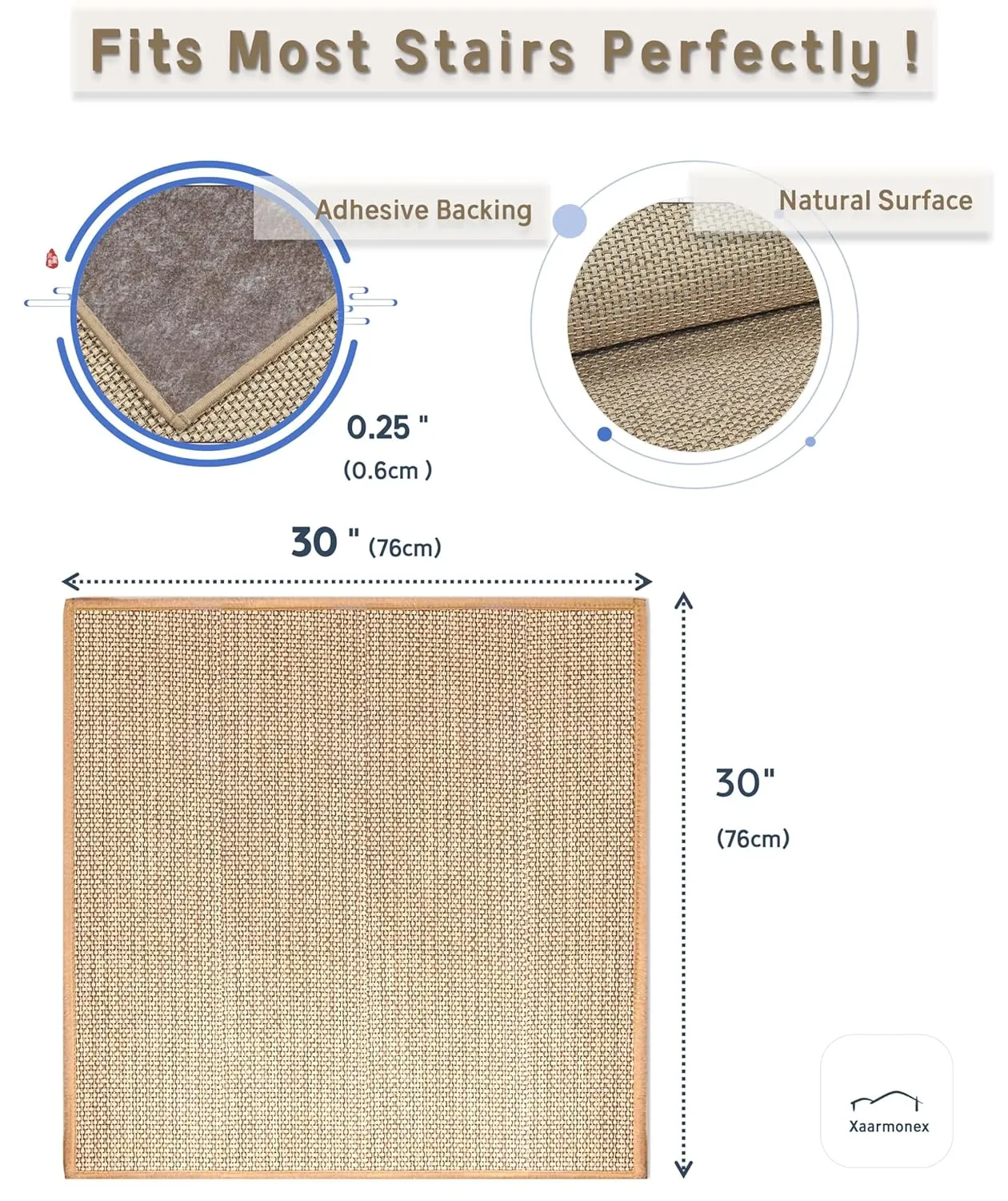 Non Slip Liner Stair Treads Matching Mat for Wooden Steps, 30"x30" Square Stair Landing Rug with Rubber Backing, Washable Indoor Safety Stair Landing Mat for Kids Elders Dogs, Beige