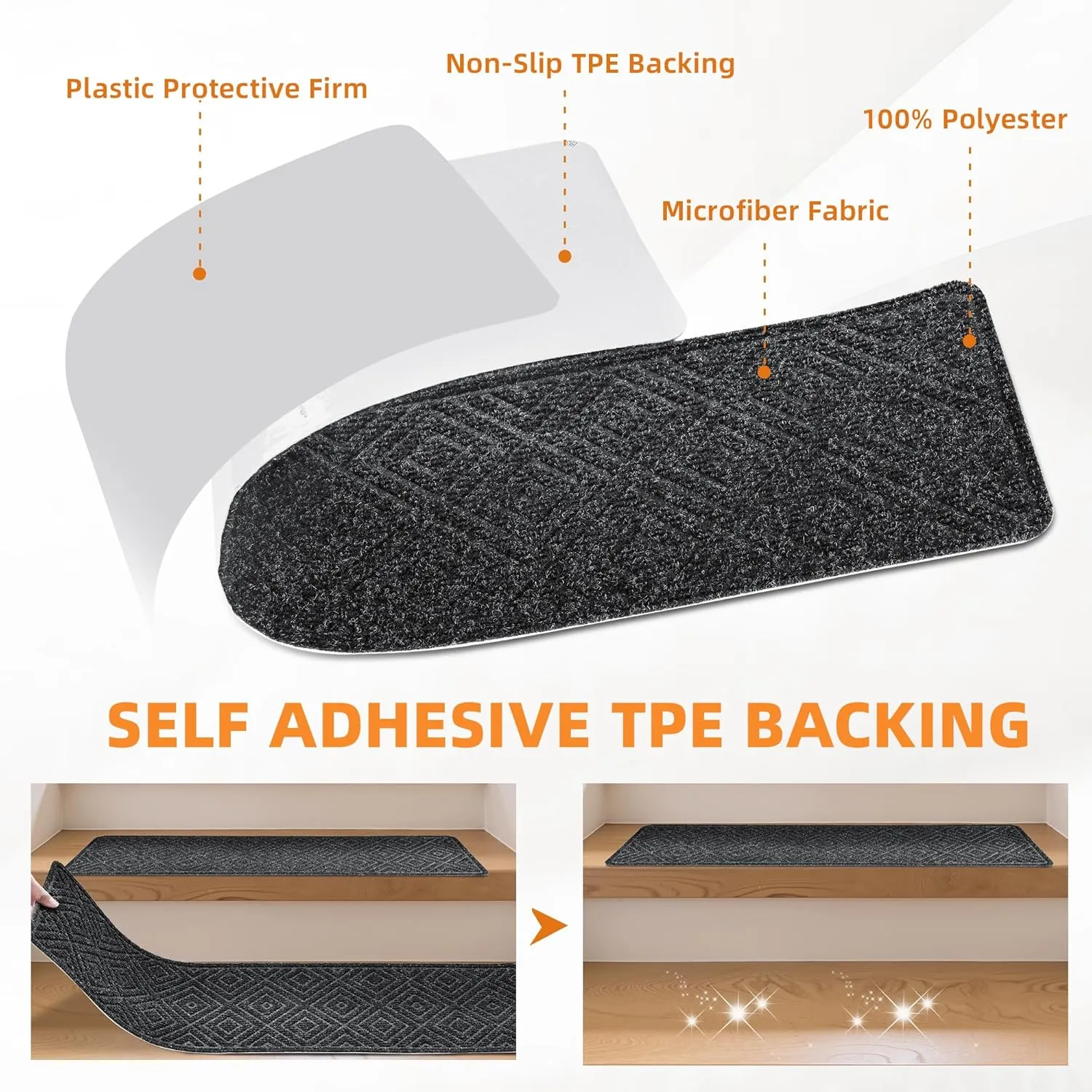 Non Slip Stair Treads, 15 Pack Peel and Stick, Black, 8"x30", Residential Grade, Rubber Sheet, Staircase Step Treads