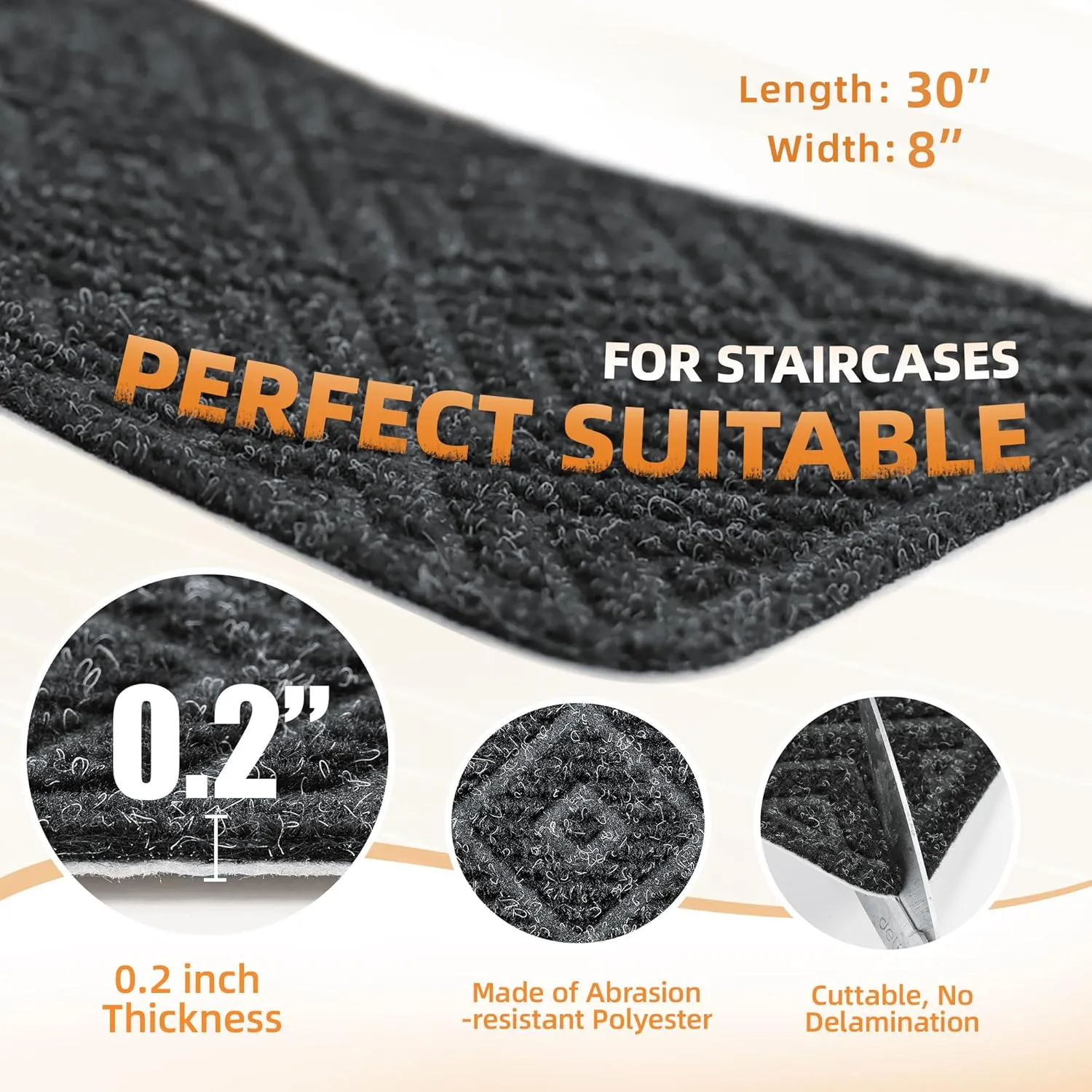 Non Slip Stair Treads, 15 Pack Peel and Stick, Black, 8"x30", Residential Grade, Rubber Sheet, Staircase Step Treads