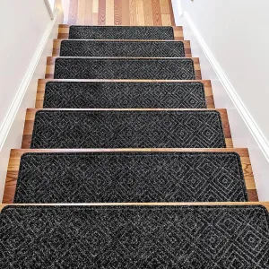 Non Slip Stair Treads, 15 Pack Peel and Stick, Black, 8"x30", Residential Grade, Rubber Sheet, Staircase Step Treads