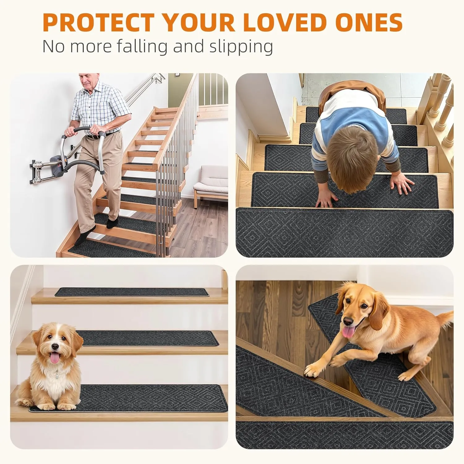 Non Slip Stair Treads, 15 Pack Peel and Stick, Black, 8"x30", Residential Grade, Rubber Sheet, Staircase Step Treads