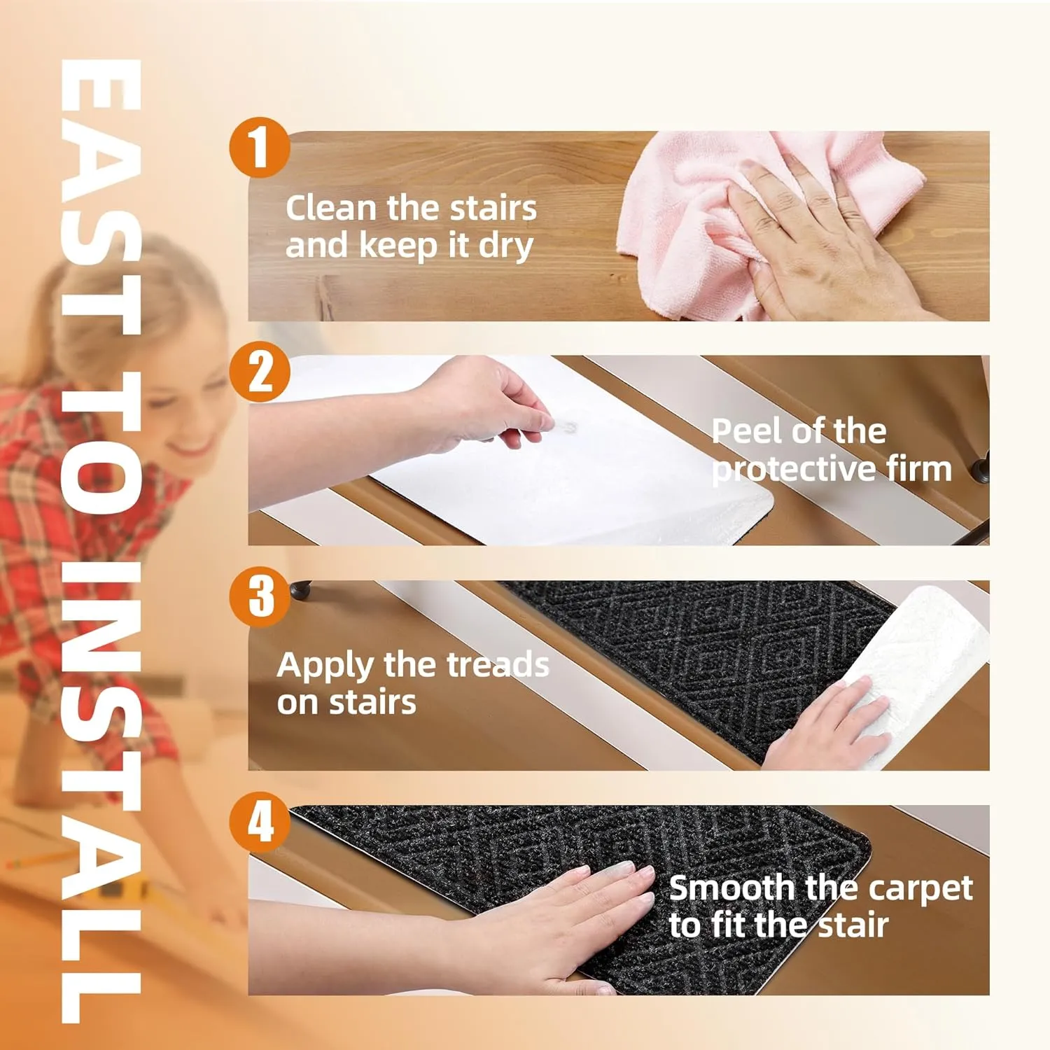Non Slip Stair Treads, 15 Pack Peel and Stick, Black, 8"x30", Residential Grade, Rubber Sheet, Staircase Step Treads
