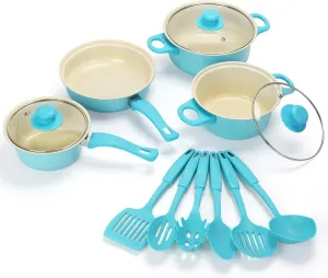 Non-Stick Cookware Set, Portable Lightweight Cast Iron Pots and Pans with Glass Lids and Nylon Utensils - 13 Piece Set, Blue for Outdoor Camping Picnic Travel