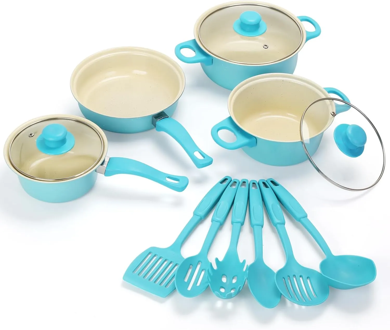 Non-Stick Cookware Set, Portable Lightweight Cast Iron Pots and Pans with Glass Lids and Nylon Utensils - 13 Piece Set, Blue for Outdoor Camping Picnic Travel