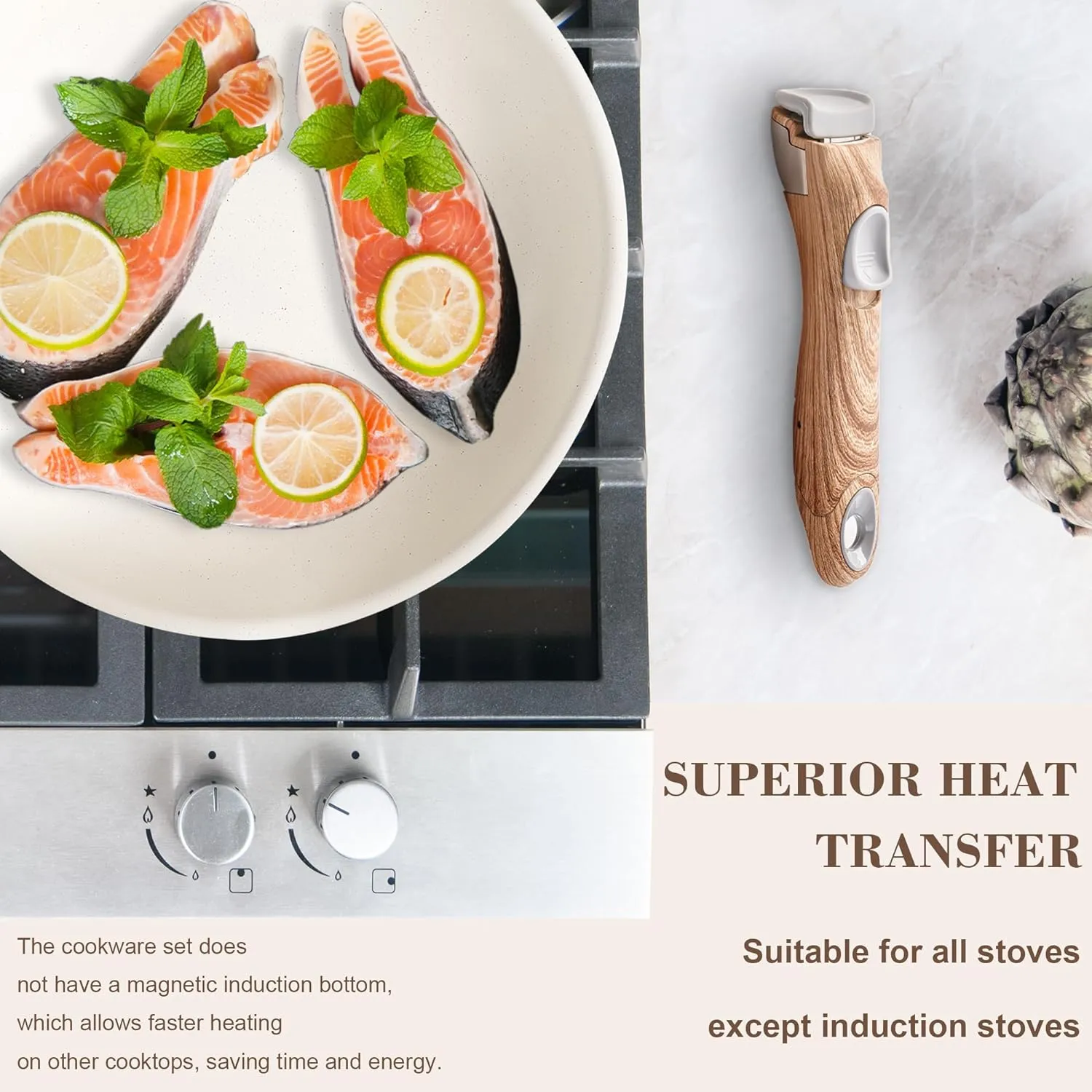 Nonstick Cookware Set - YIIFEEO Stackable Pots and Pans Set Detachable Handle Camping Cookware Granite Kitchen Cookware Sets Removable Handle, Non Toxic Nonstick Frying Pans for Cooking Set Gift Beige