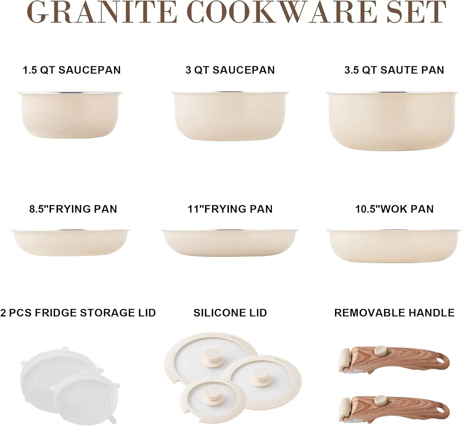 Nonstick Cookware Set - YIIFEEO Stackable Pots and Pans Set Detachable Handle Camping Cookware Granite Kitchen Cookware Sets Removable Handle, Non Toxic Nonstick Frying Pans for Cooking Set Gift Beige