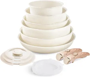 Nonstick Cookware Set - YIIFEEO Stackable Pots and Pans Set Detachable Handle Camping Cookware Granite Kitchen Cookware Sets Removable Handle, Non Toxic Nonstick Frying Pans for Cooking Set Gift Beige