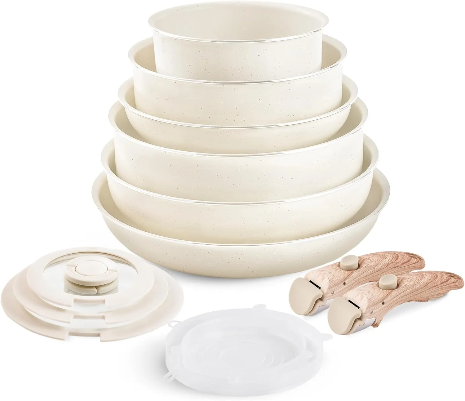 Nonstick Cookware Set - YIIFEEO Stackable Pots and Pans Set Detachable Handle Camping Cookware Granite Kitchen Cookware Sets Removable Handle, Non Toxic Nonstick Frying Pans for Cooking Set Gift Beige