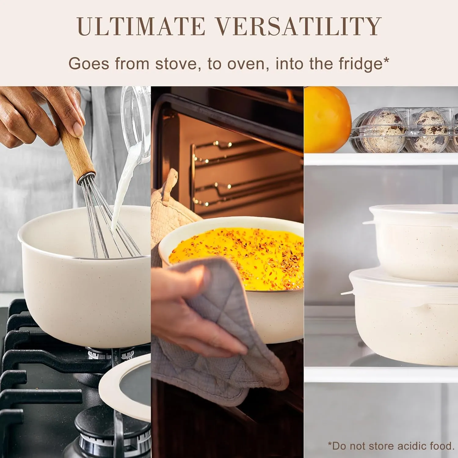 Nonstick Cookware Set - YIIFEEO Stackable Pots and Pans Set Detachable Handle Camping Cookware Granite Kitchen Cookware Sets Removable Handle, Non Toxic Nonstick Frying Pans for Cooking Set Gift Beige