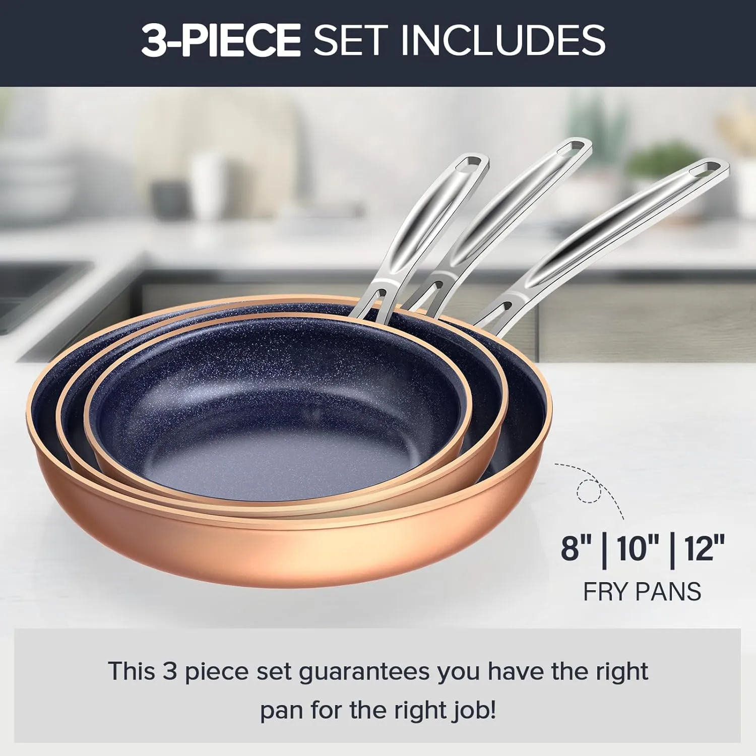 Nuwave 3-Piece 8”, 10”, 12” Forged Lightweight Frying Pan Set, G10 Healthy Duralon Blue Ceramic Ultra Non-Stick, Ergonomic Stay-Cool Handles, Induction-Ready & Works on All Cooktops