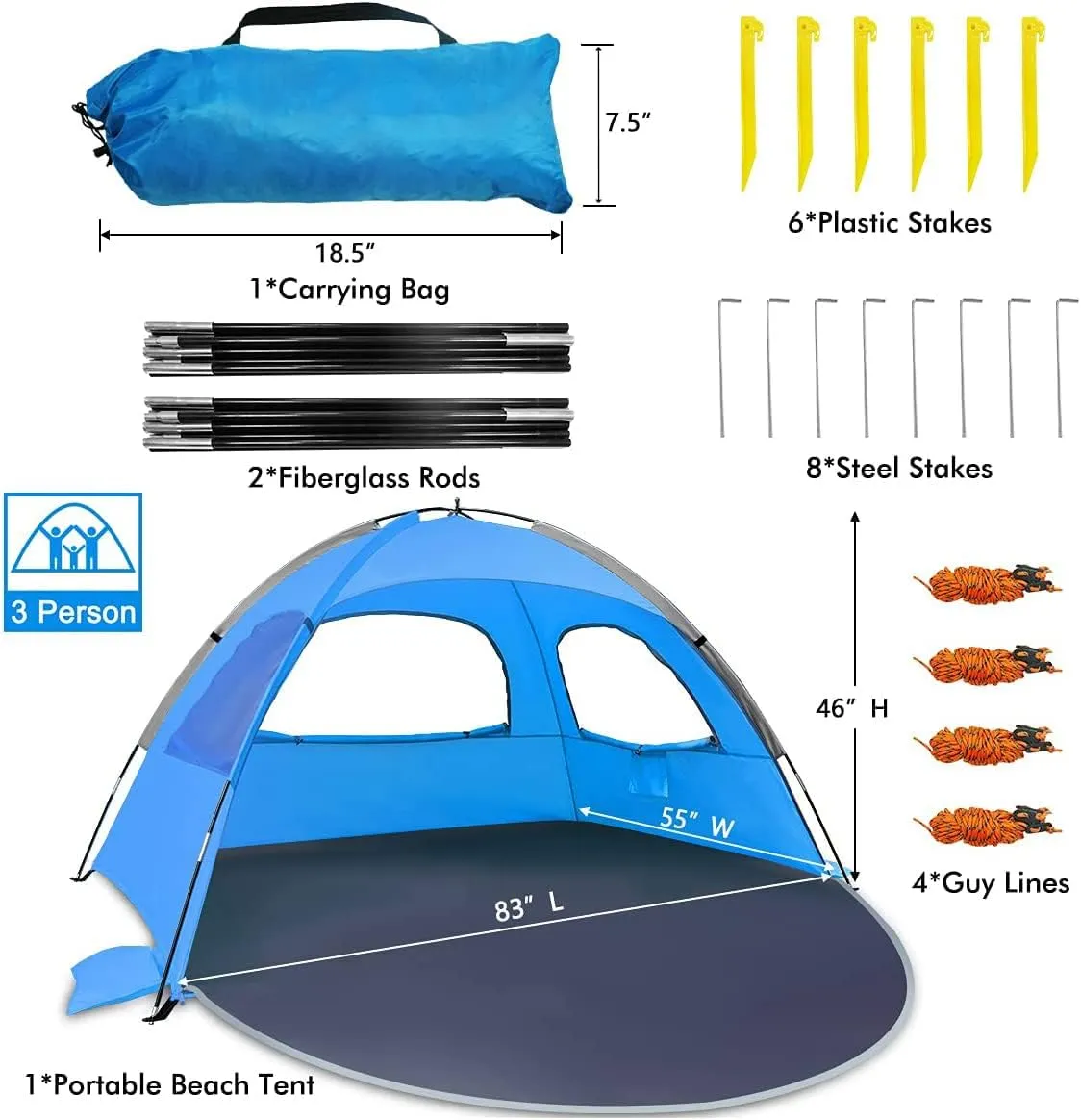 NXONE Beach Tent Sun Shade Shelter for 2-3 Person with UV Protection, Extended Floor, 3 Mesh Roll Up Windows & 8.0mm Fiberglass Rods丨Carry Bag Included (Sky Blue)
