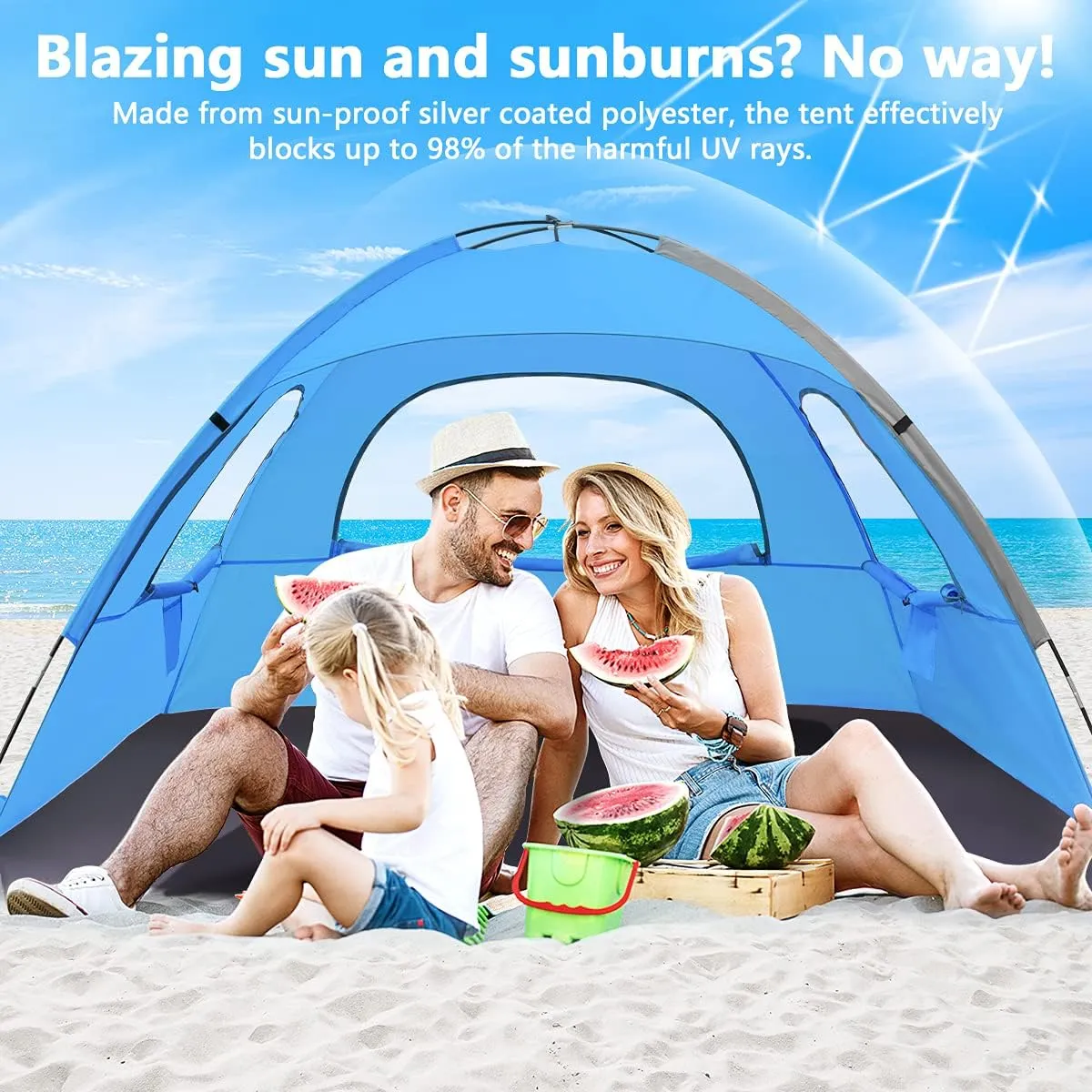 NXONE Beach Tent Sun Shade Shelter for 2-3 Person with UV Protection, Extended Floor, 3 Mesh Roll Up Windows & 8.0mm Fiberglass Rods丨Carry Bag Included (Sky Blue)