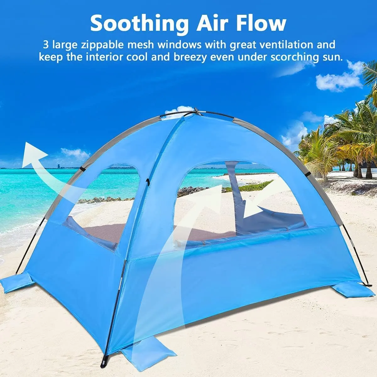 NXONE Beach Tent Sun Shade Shelter for 2-3 Person with UV Protection, Extended Floor, 3 Mesh Roll Up Windows & 8.0mm Fiberglass Rods丨Carry Bag Included (Sky Blue)