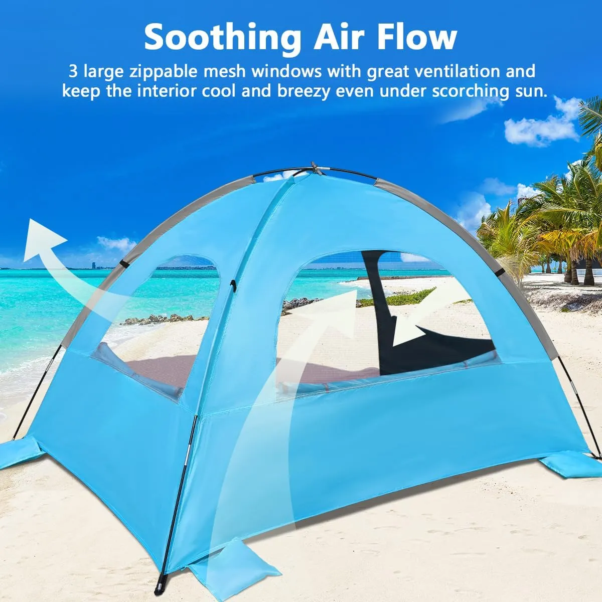 NXONE Beach Tent Sun Shade Shelter for 3/4/6 Person Person with UV Protection, Extended Floor, 3 Mesh Roll Up Windows & 8.0/8.5mm Fiberglass Rods丨Carry Bag Included