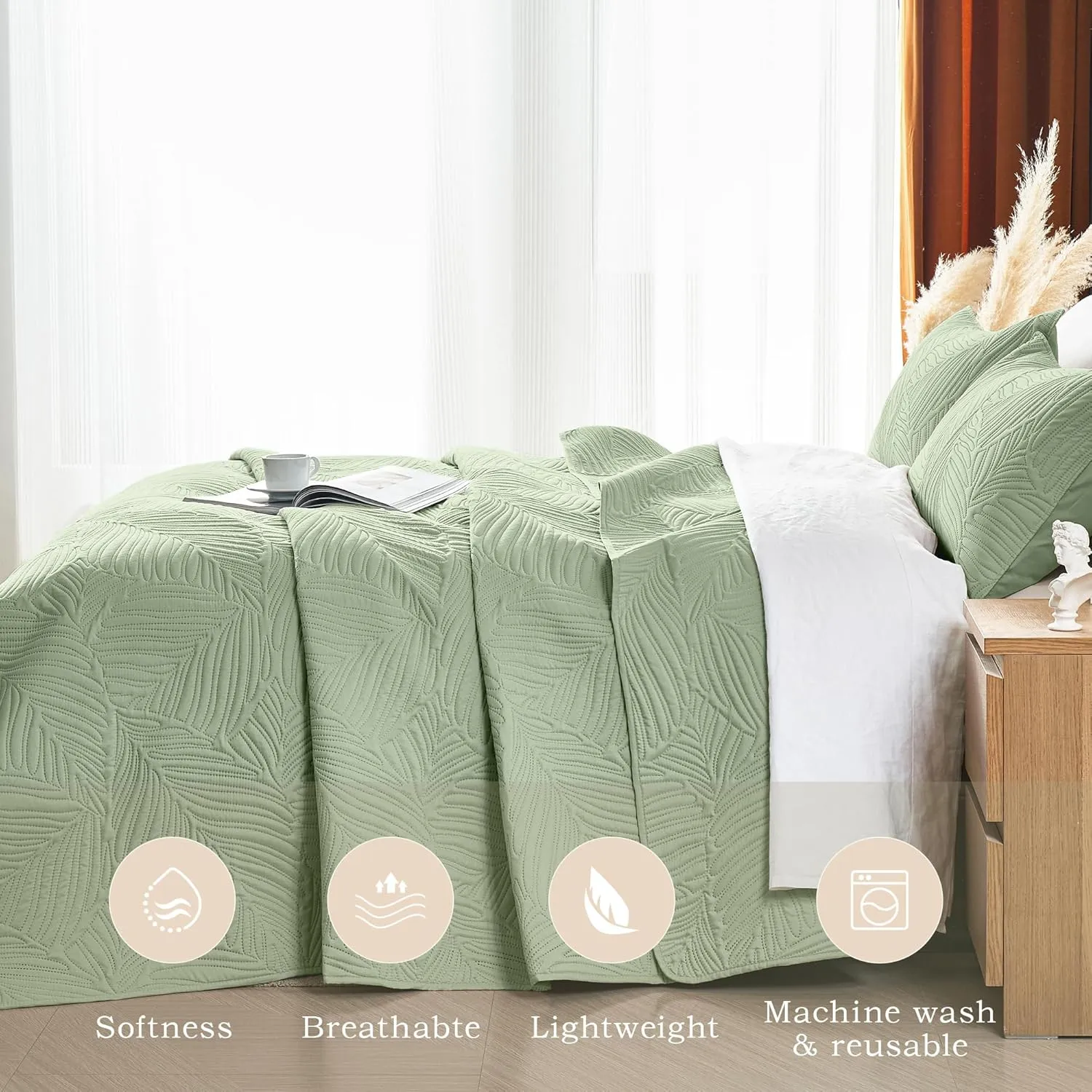 OARAGE Twin Quilt Bedding Set Soft Lightweight Sage Green Bedspread with Leaf Pattern Ultrasonic Microfiber Bed Coverlet for All Season (1 Quilt,1 Sham)