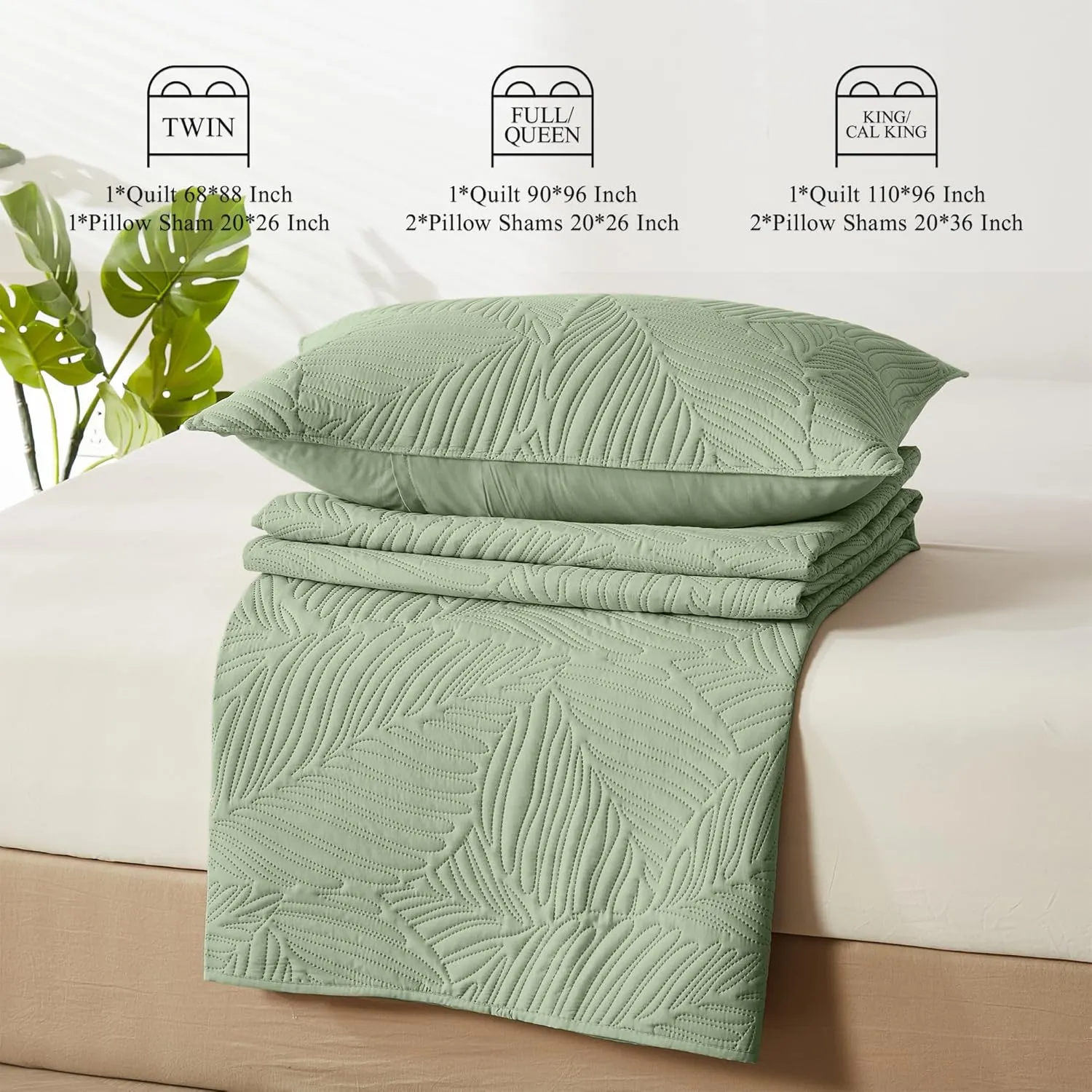 OARAGE Twin Quilt Bedding Set Soft Lightweight Sage Green Bedspread with Leaf Pattern Ultrasonic Microfiber Bed Coverlet for All Season (1 Quilt,1 Sham)