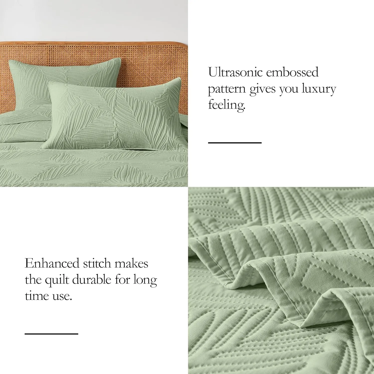 OARAGE Twin Quilt Bedding Set Soft Lightweight Sage Green Bedspread with Leaf Pattern Ultrasonic Microfiber Bed Coverlet for All Season (1 Quilt,1 Sham)