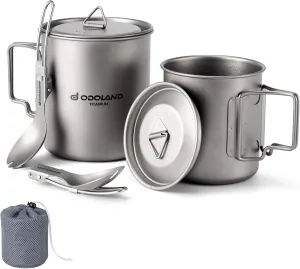 Odoland Titanium Camping Cookware 420ML & 750ML Titanium Pot with Lid and Spork Lightweight Camping Pot for Backpacking Hiking Traveling and Picnic