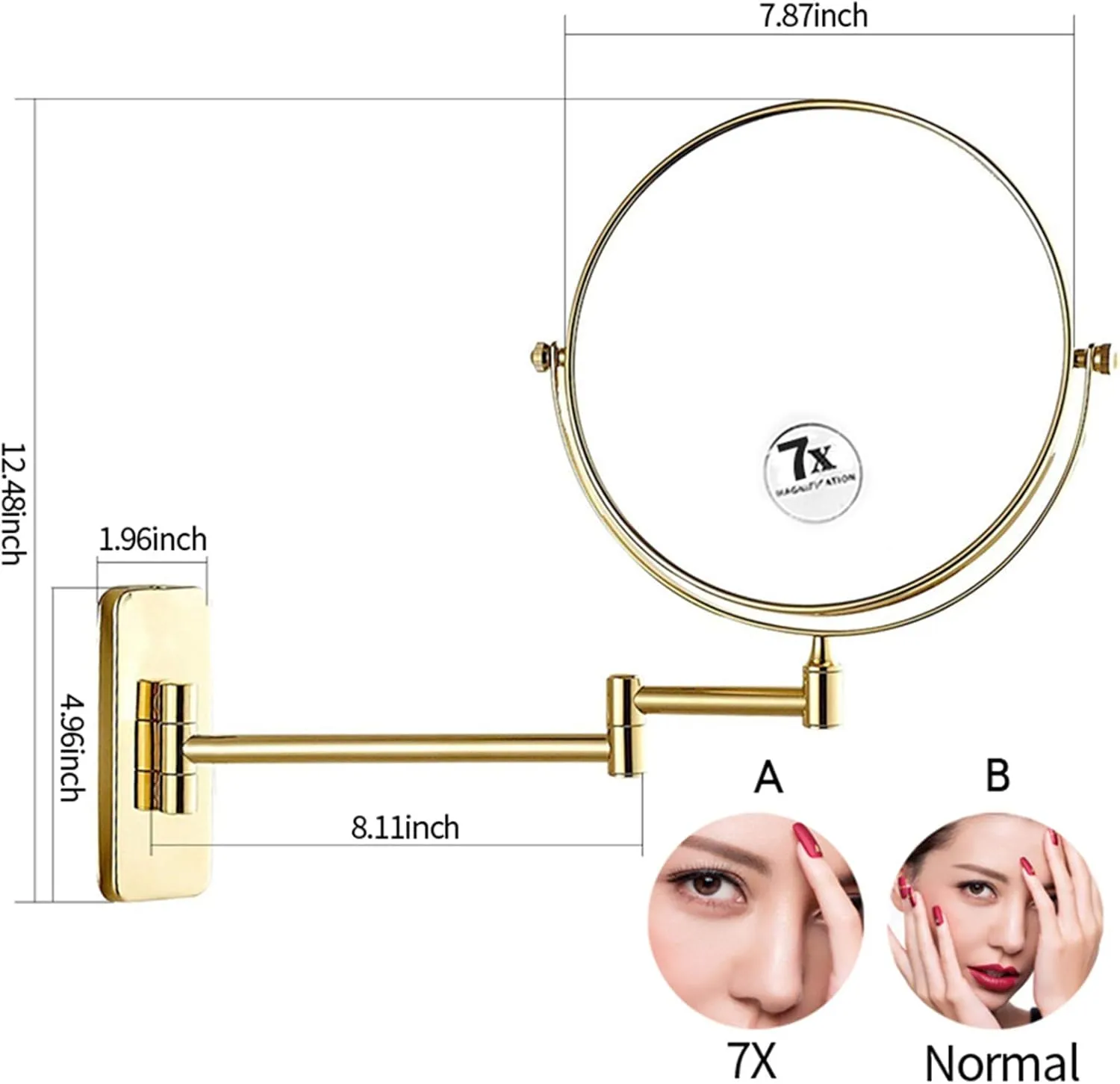 OGRAFF Wall Mounted Makeup Mirror, 8 inch Gold Finish Double Sided Magnifying Shaving Mirror, Extendable Bathroom Round Cosmetic Vanity Mirrors,7X (Color : 7X)