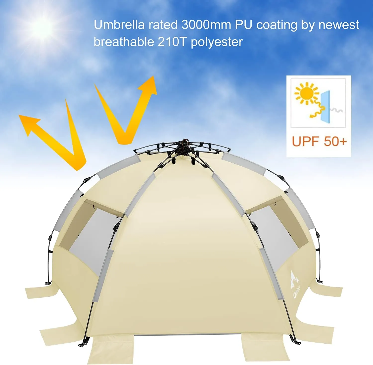 Oileus X-Large 4 Person Beach Tent Sun Shelter - Portable Sun Shade Instant Tent for Beach with Carrying Bag, Stakes, 6 Sand Pockets, Anti UV for Fishing Hiking Camping, Waterproof Windproof, Khaki