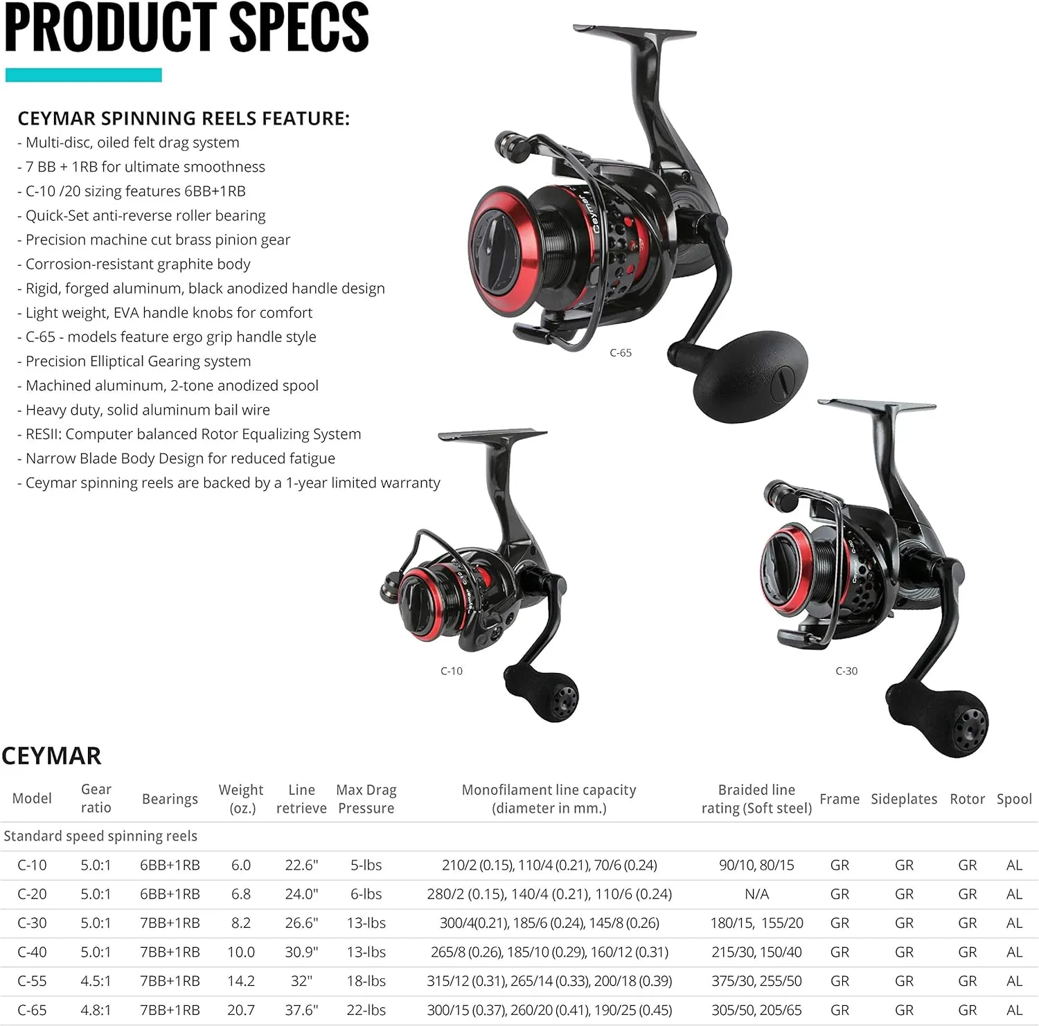 Okuma Ceymar Graphite Lightweight All Purpose 8BB Spinning Reel