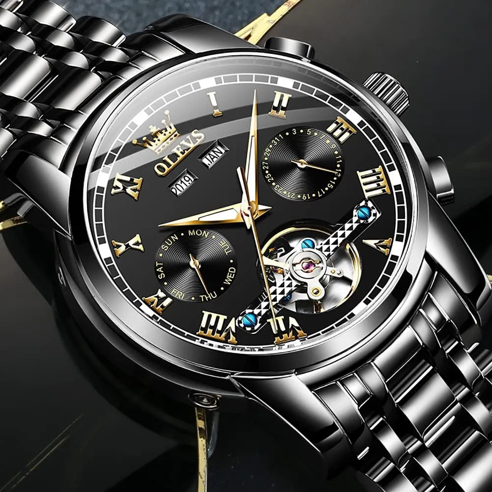 OLEVS Automatic Watch for Men Self Winding Mechanical Luxury Business Stainless Steel Multi Calendar Waterproof Luminous Wrist Watches