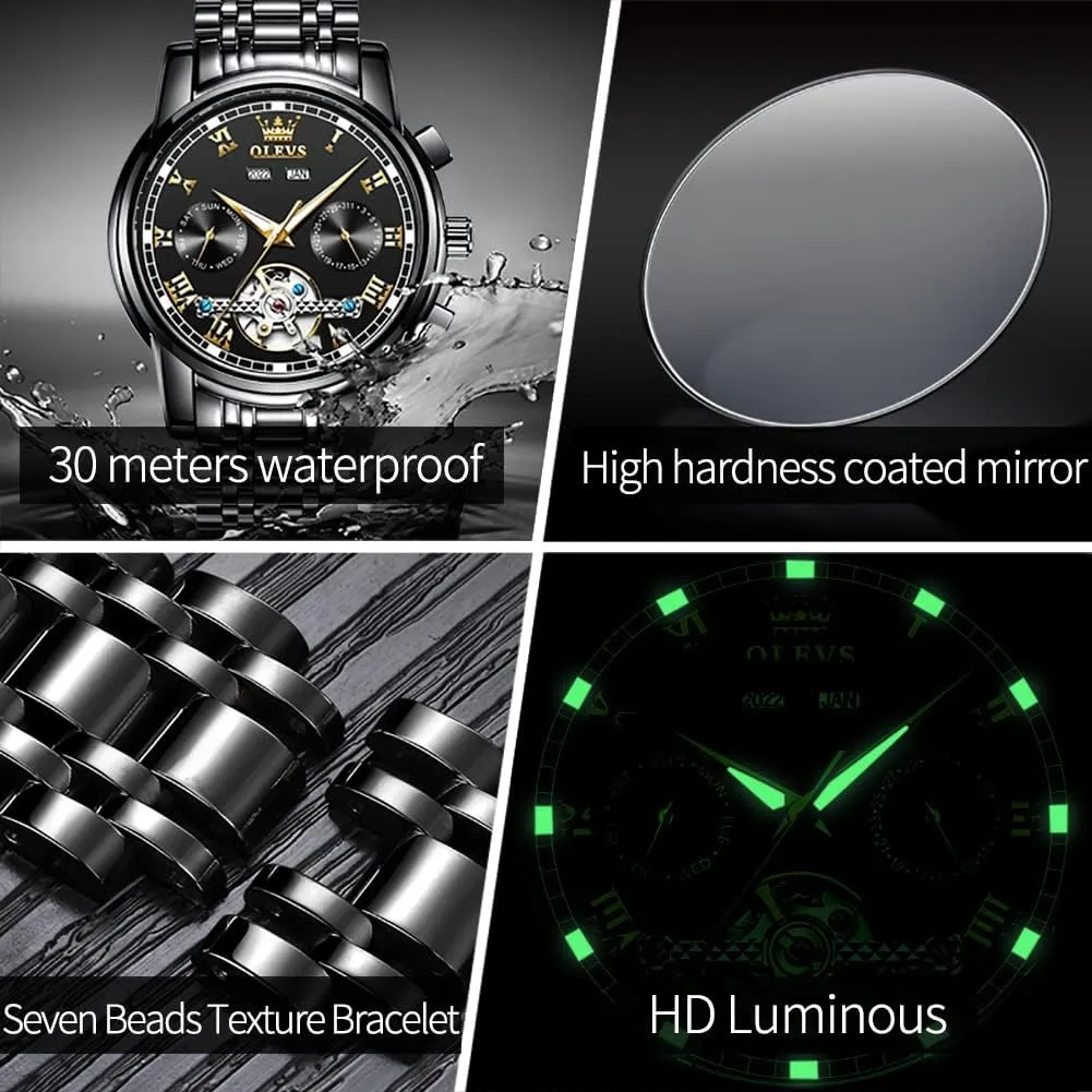 OLEVS Automatic Watch for Men Self Winding Mechanical Luxury Business Stainless Steel Multi Calendar Waterproof Luminous Wrist Watches