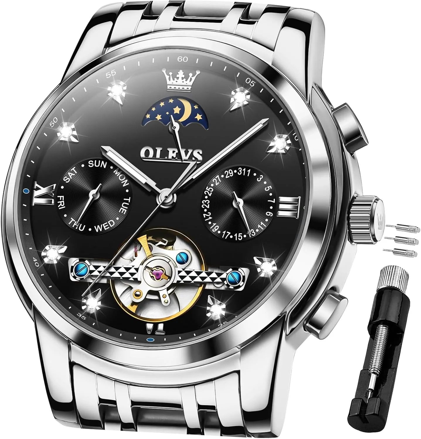 OLEVS Mechanical Men Watch Chronograph Diamond Tourbillon Date Moon Phase Adjustable Bracelet Gift Multi-Function Blue/Black/Gold/Silver Face Watch for Men