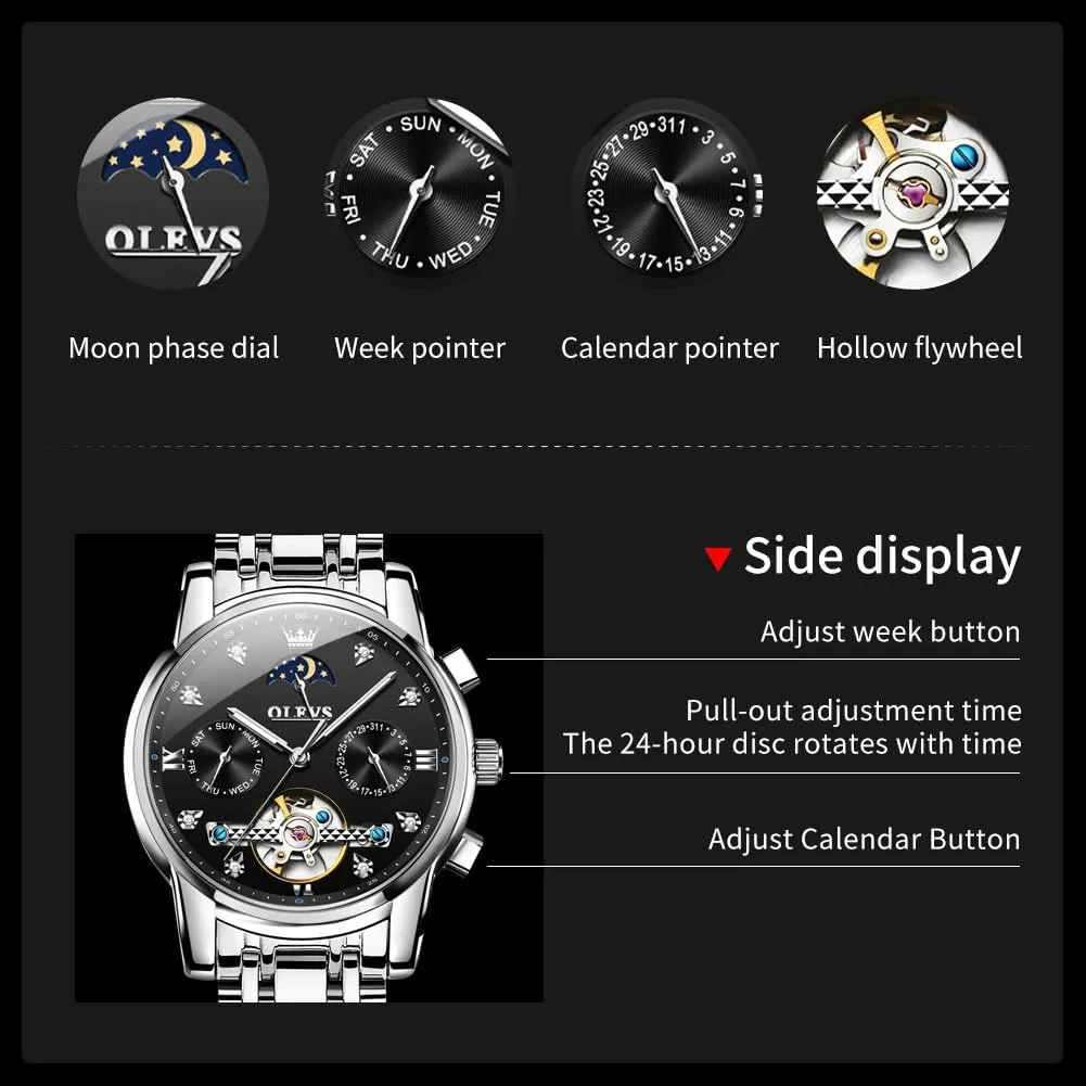 OLEVS Mechanical Men Watch Chronograph Diamond Tourbillon Date Moon Phase Adjustable Bracelet Gift Multi-Function Blue/Black/Gold/Silver Face Watch for Men