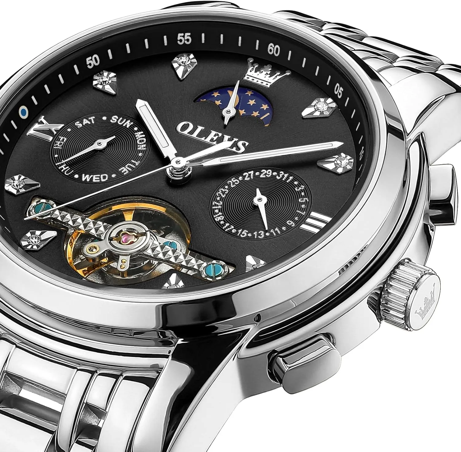 OLEVS Mechanical Men Watch Chronograph Diamond Tourbillon Date Moon Phase Adjustable Bracelet Gift Multi-Function Blue/Black/Gold/Silver Face Watch for Men